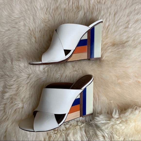 Tory Burch Leather Perspex Wedge Mules Cube Leather Crossover Wedge Sandals - Picture 10 of 16